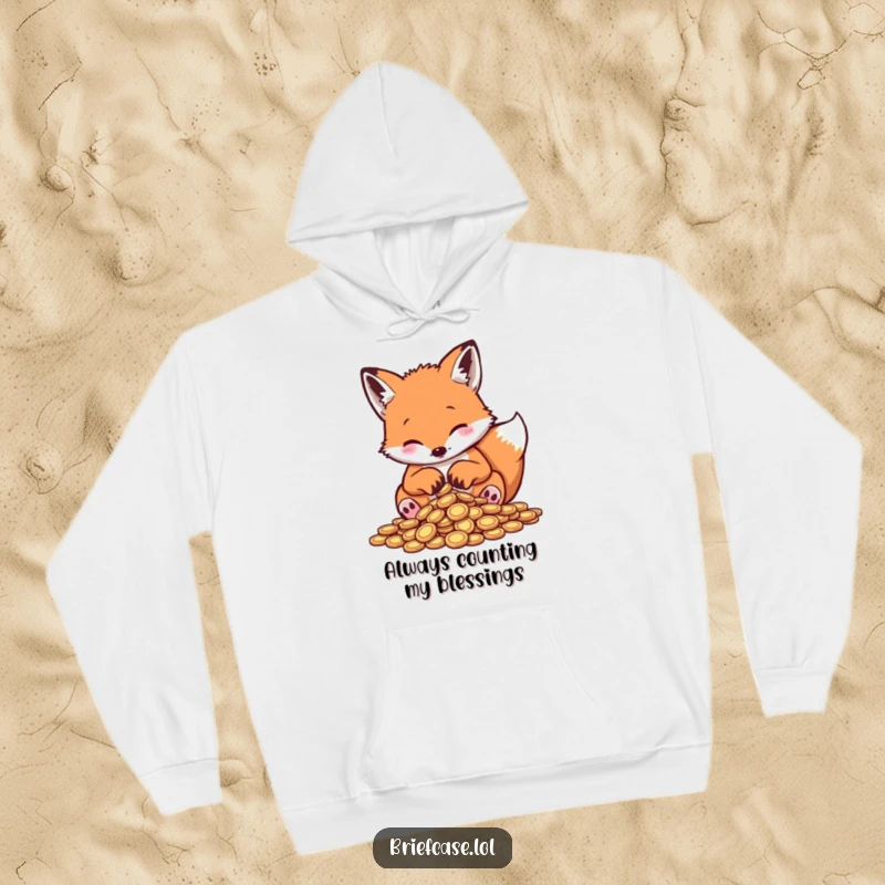 Funny fox hoodie, cute animal sorting a pile of tiny coins with paws, looking cozy and comical, great funny gift.