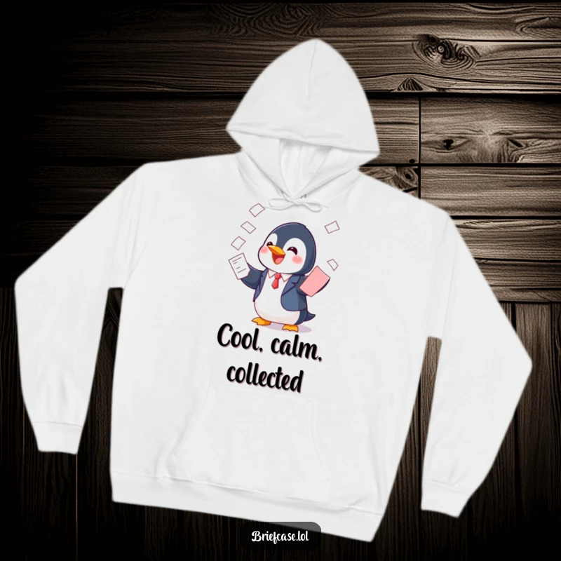 Funny hoodie featuring a cheerful penguin in a suit, playfully balancing papers, offering warmth and a humorous take on organization.