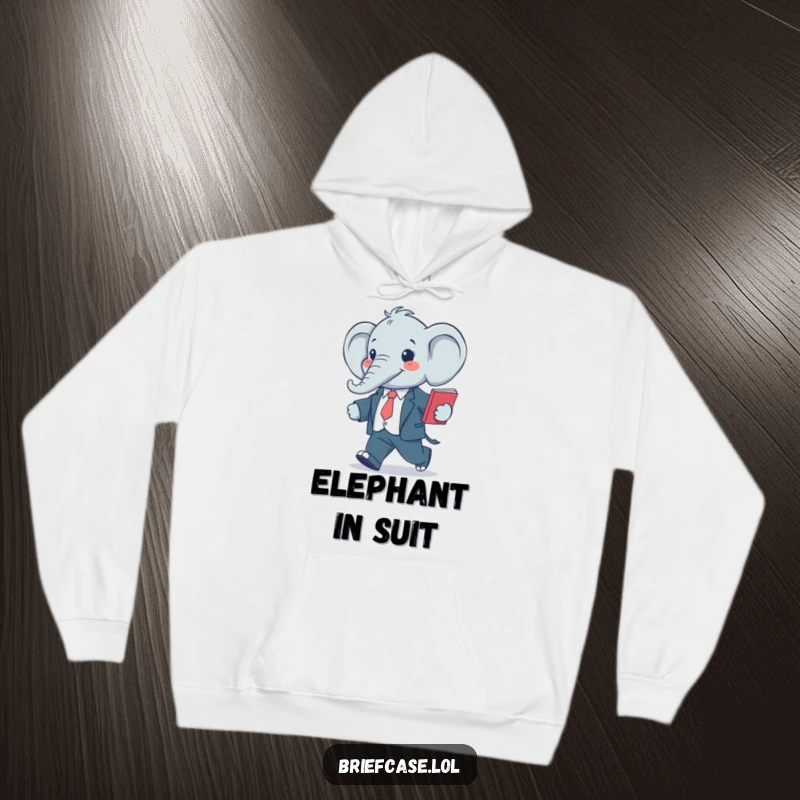Funny hoodie showing a happy, stylized elephant in a business suit, confidently striding with a folder, looking sophisticated.