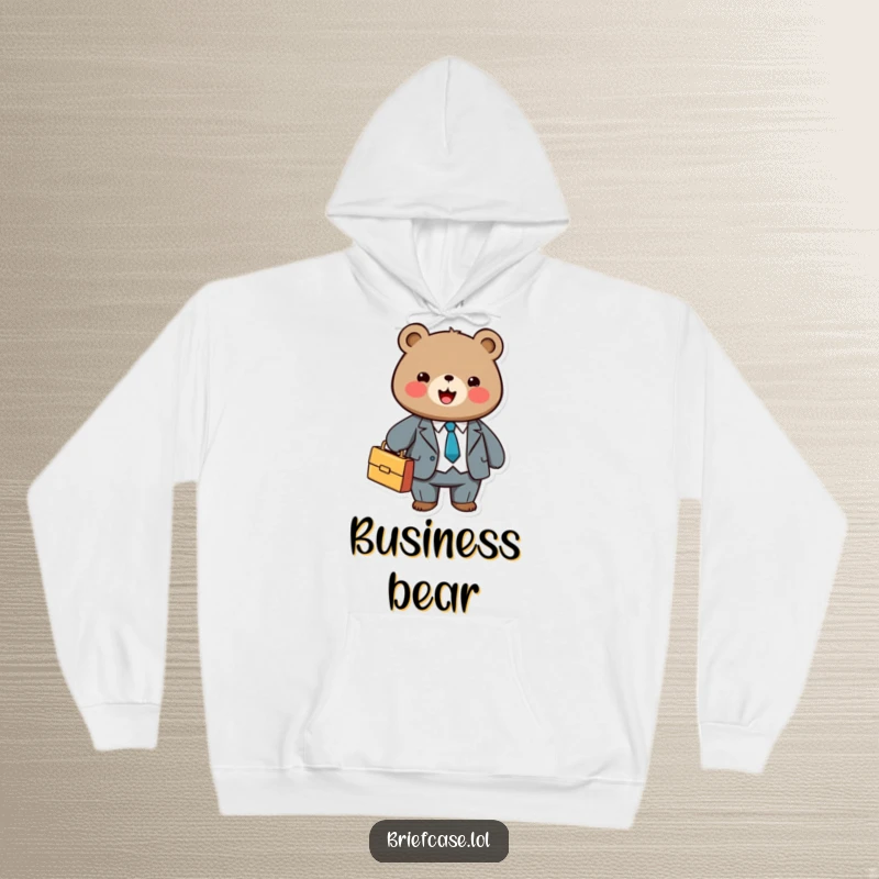 Funny hoodie showing a cute, round bear in a business suit, holding a briefcase with a joyful and confident look.