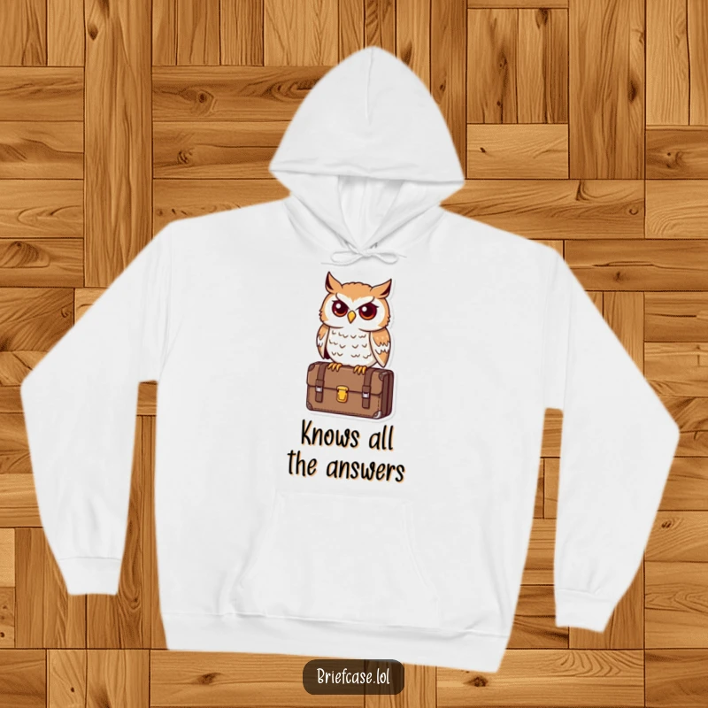 Funny owl hoodie, determined bird perched on a briefcase, looking astute and professional, cozy and warm, perfect funny gift.