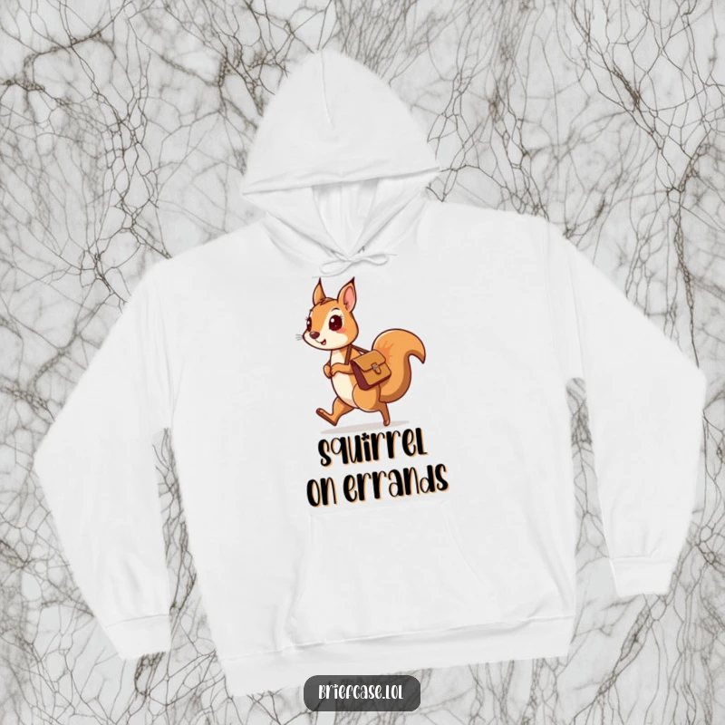 Funny hoodie with a curious squirrel character carrying a messenger bag, skipping happily, perfect for cozy adventures.