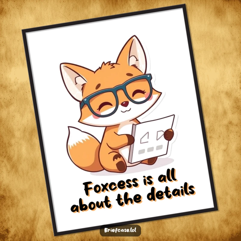 Funny Free Printable Wall Art: A cheerful fox wearing glasses and smiling while studying a small chart, academic humor.