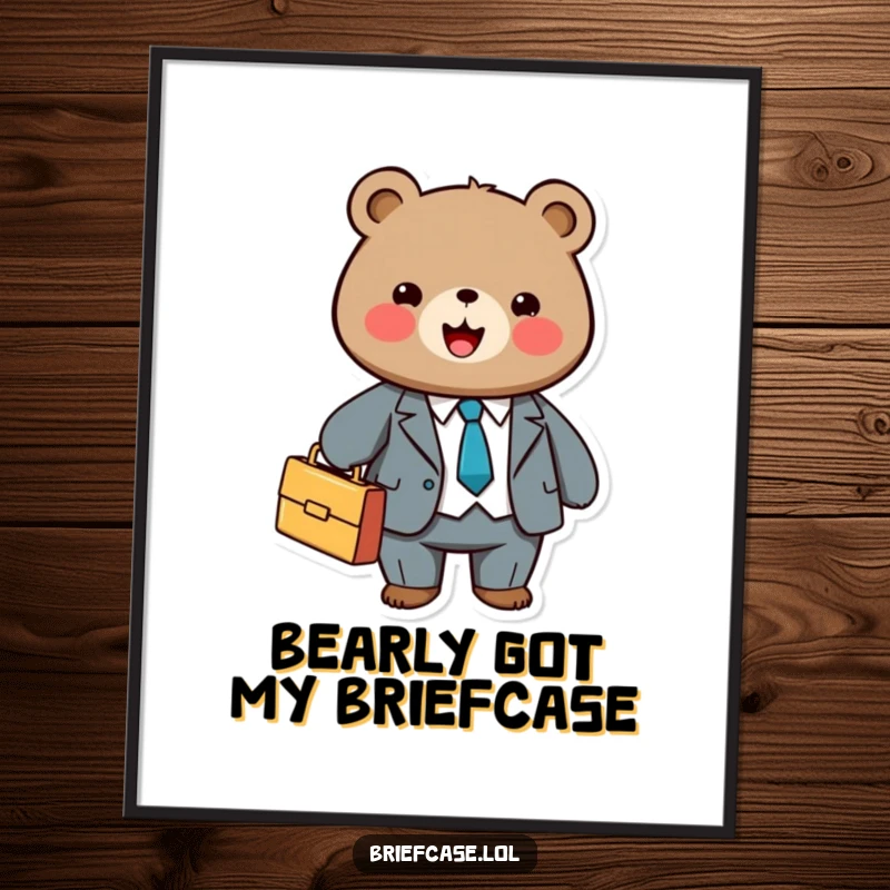 Funny free printable wall art of a cute bear in a suit joyfully holding a briefcase, adding business humor to decor.