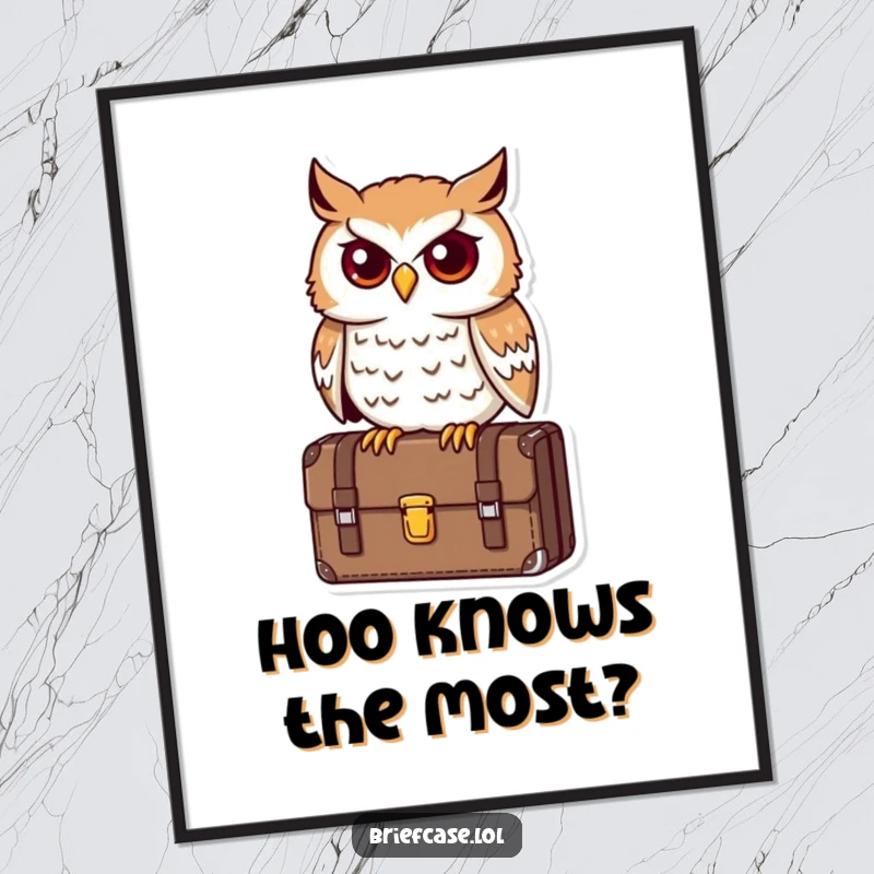 Funny Free Printable Wall Art: A determined owl with an astute expression, perched on a briefcase, creating smart decor.