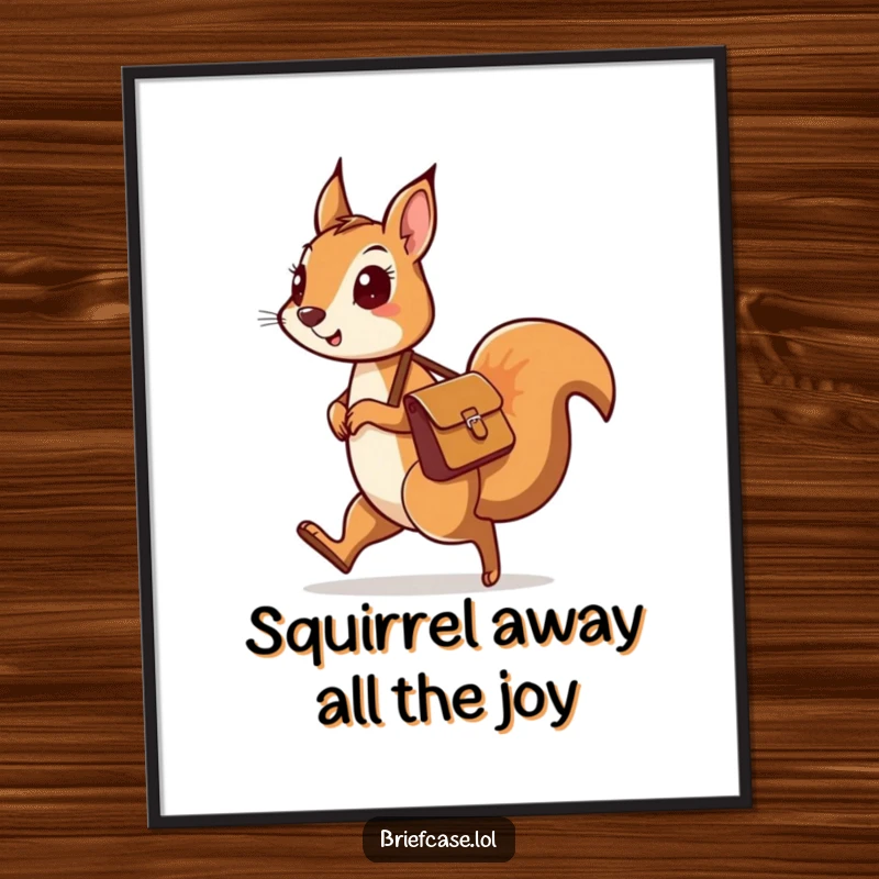 Funny Free Printable Wall Art: A curious squirrel with a small messenger bag skipping happily along, full of joy.