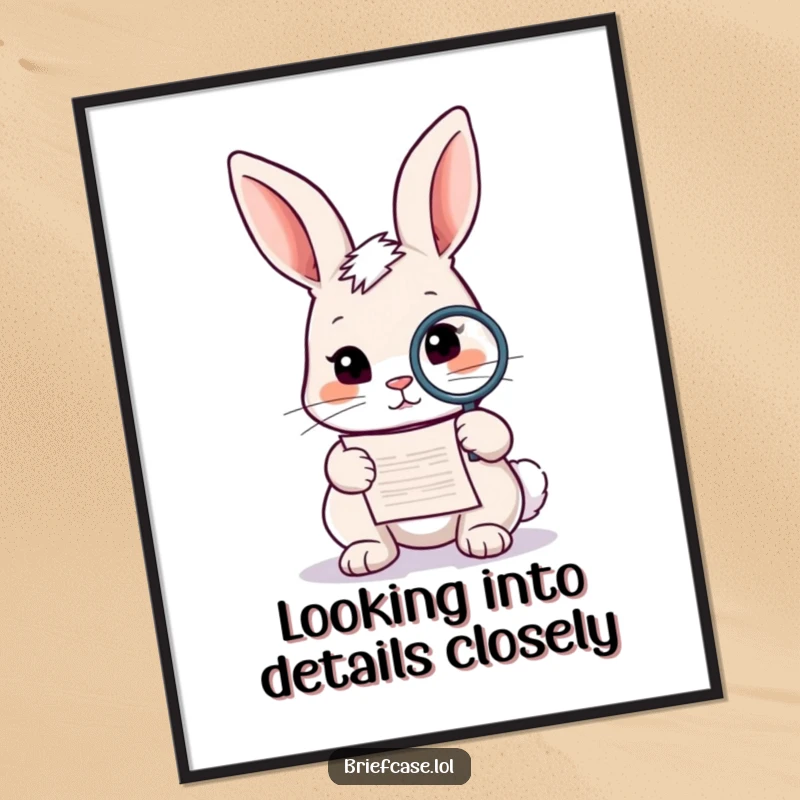 Funny Free Printable Wall Art: A curious rabbit holding a magnifying glass, intently examining a small document, creating quirky decor.