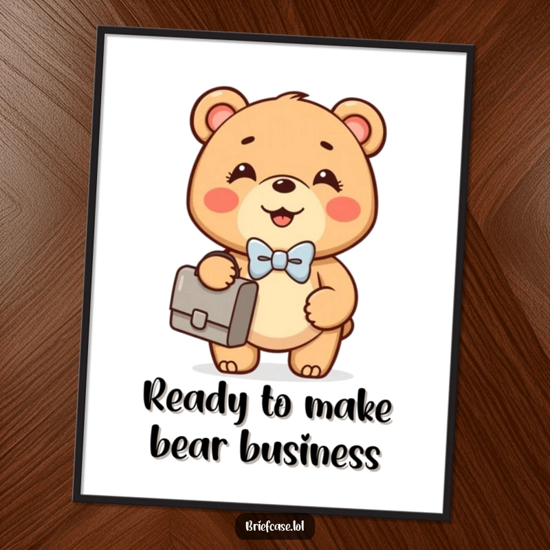 Funny Free Printable Wall Art: Bear cub in bowtie confidently holds briefcase, business humor, DIY downloadable.