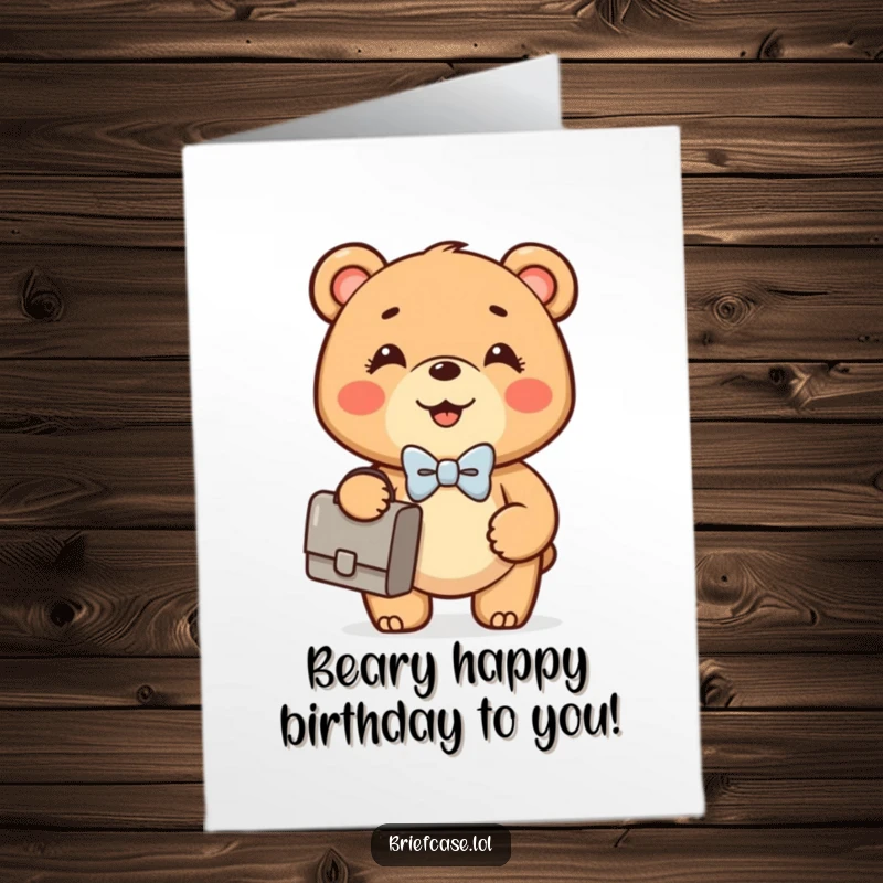 Funny Free Printable Birthday Card: Happy bear cub in bowtie holds briefcase, birthday humor, DIY downloadable.