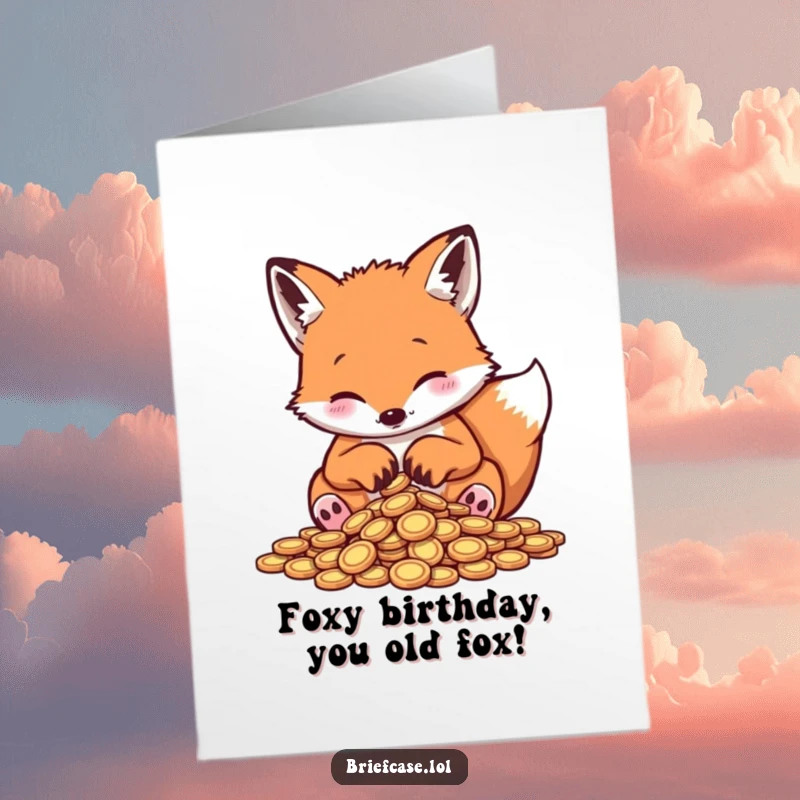 Funny Free Printable Birthday Card: Playful fox with paws sorting small coins, creating a humorous and crafty gift.