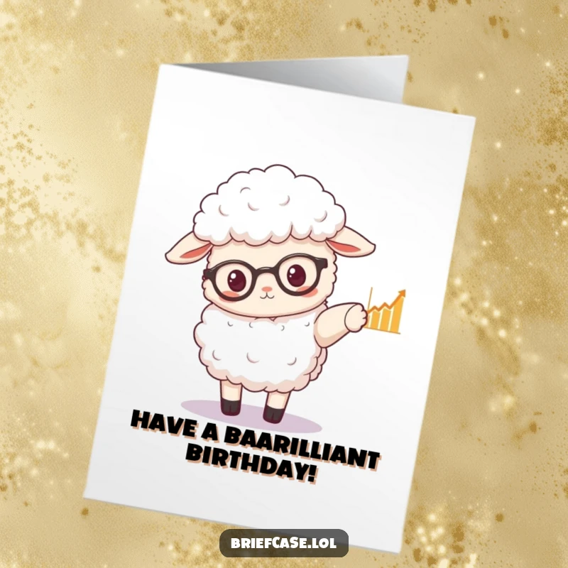 Funny Free Printable Birthday Card: Fluffy sheep in spectacles points to a graph, looking intelligent and festive.