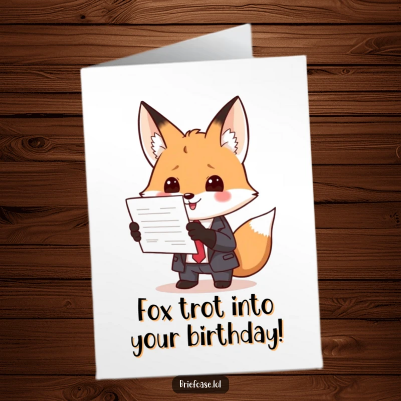 Funny Free Printable Fox wearing a suit, excitedly presenting a document for a birthday card.