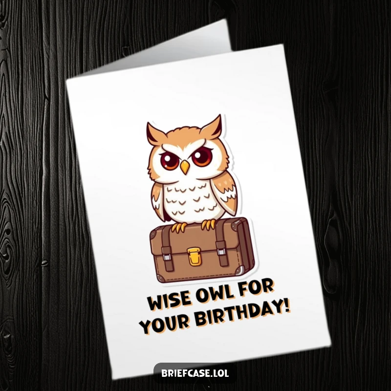 Funny Free Printable Birthday Card: A determined owl looking astute while perched on a briefcase, offering birthday wisdom.