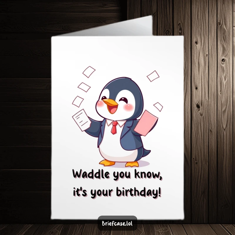 Funny Free Printable Penguin dressed in a suit, comically balancing a stack of papers for a birthday.