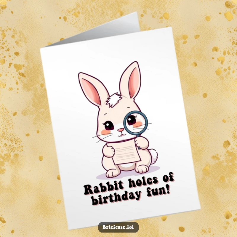 Funny Free Printable Birthday Card: A curious rabbit peers through a magnifying glass at a small document, investigating birthday wishes.