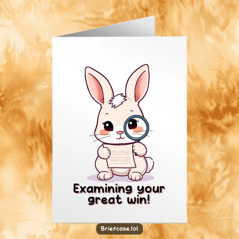 Funny Free Printable Congratulations Card: A curious rabbit uses a magnifying glass to examine a document, celebrating achievements humorously.
