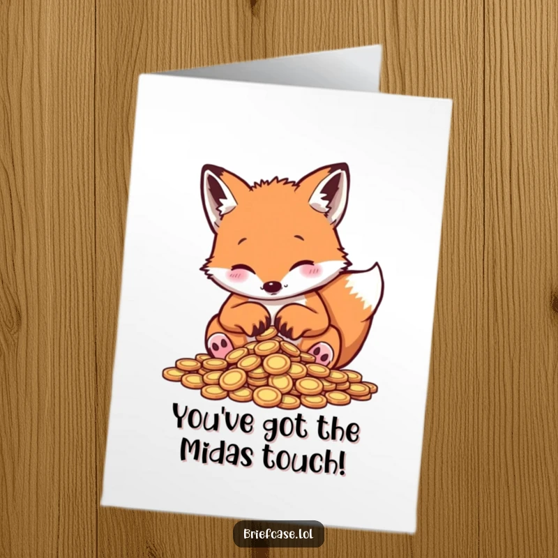 Funny Free Printable Congratulations Card: Adorable fox counting coins with paws, a humorous and unique celebration card.