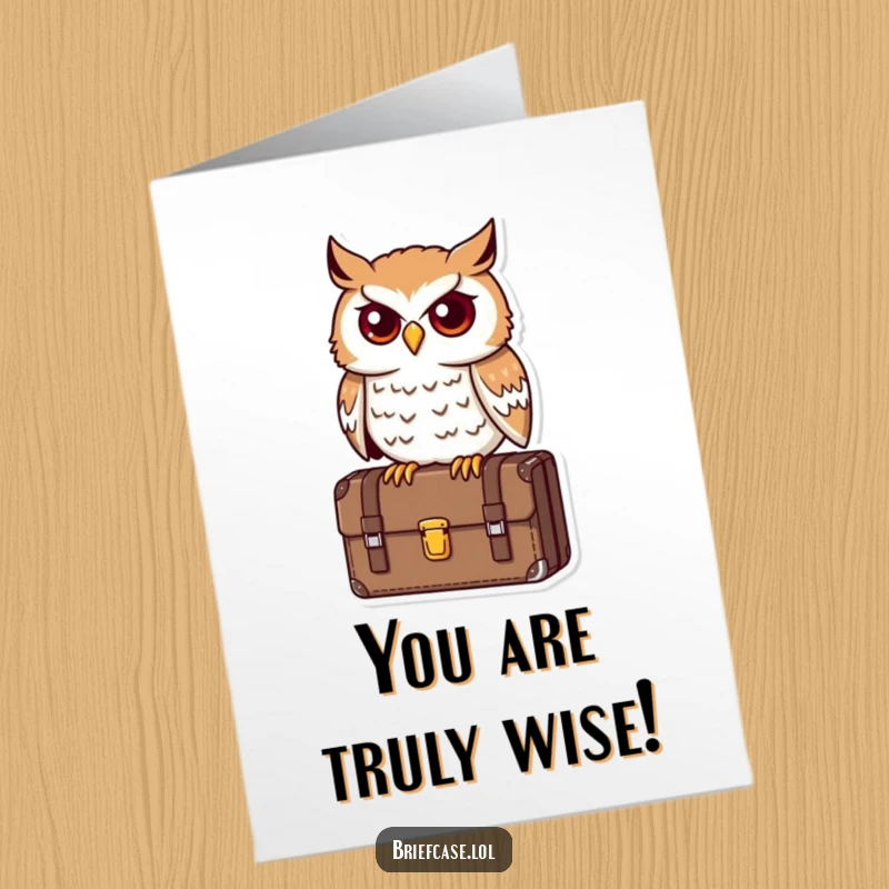 Funny Free Printable Congratulations Card: An astute owl perched on a briefcase, signifying intelligent success and congratulations.