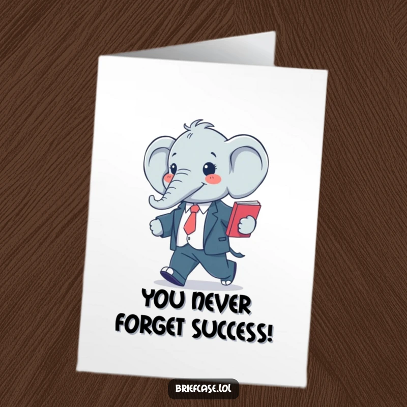 Funny free printable congratulations card featuring a stylized elephant in a suit confidently striding with a folder, marking success.