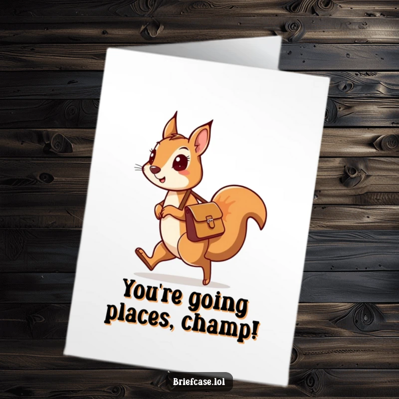 Funny Free Printable Congratulations Card: A curious squirrel with a messenger bag skipping, celebrating a joyful journey.
