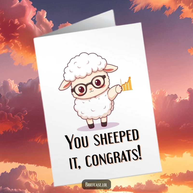 Funny Free Printable Congrats Card: Fluffy sheep wearing tiny spectacles, hoof pointing to a significant graph, celebrating success.