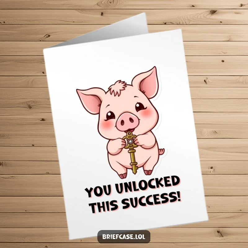 Funny Free Printable Congratulations Card: A happy pig holding and presenting a small, ornate key, celebrating success humorously.