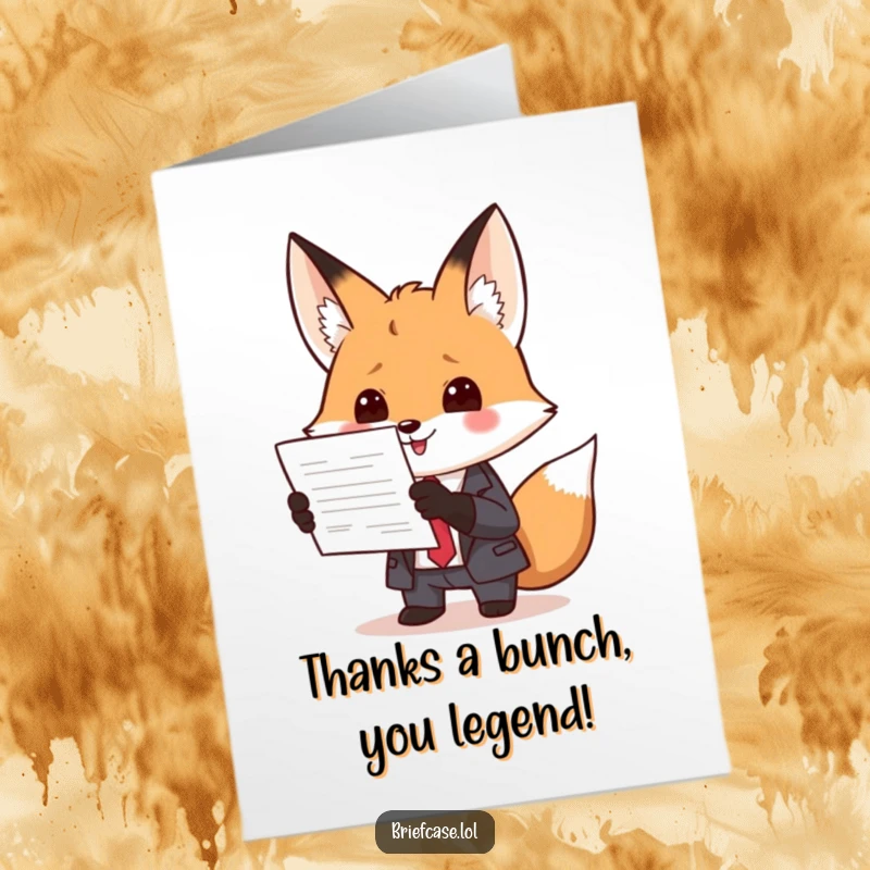 Funny Free Printable Fox in a suit excitedly offers a document as a thank you gesture.