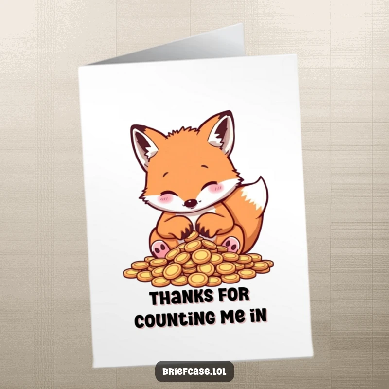 Funny Free Printable Thank You Card: Playful fox sorting coins with its paws, a humorous and charming expression of thanks.
