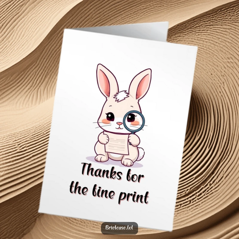 Funny Free Printable Thank You Card: A curious rabbit investigates a document with a magnifying glass, humorously expressing thanks.