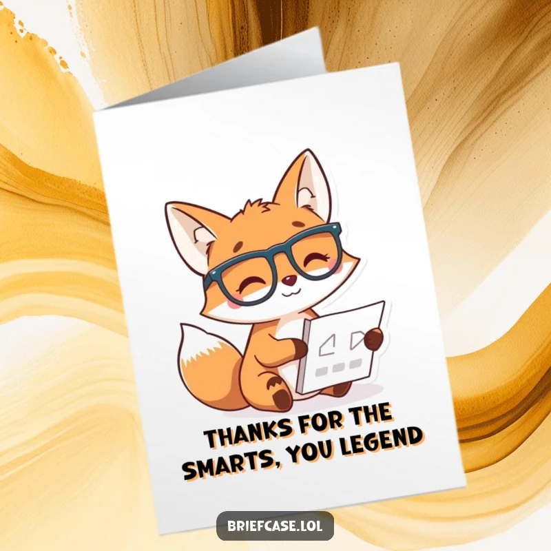 Funny Free Printable Thank You Card: A cheerful fox in glasses studies a chart, humorously expressing thanks.