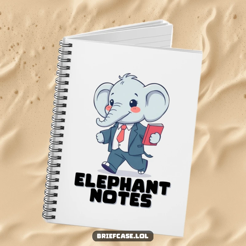 Funny notebook cover with a happy, stylized elephant in a suit, confidently striding with a folder, ready for ideas.