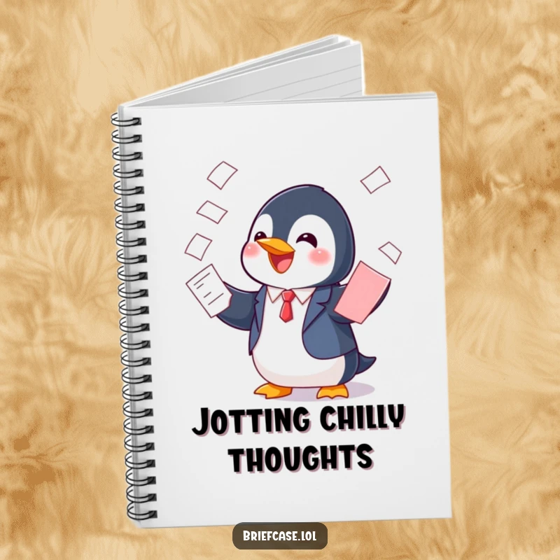 Funny notebook with a cheerful penguin in a suit, playfully balancing papers, designed for organizing thoughts with charming, humorous flair.