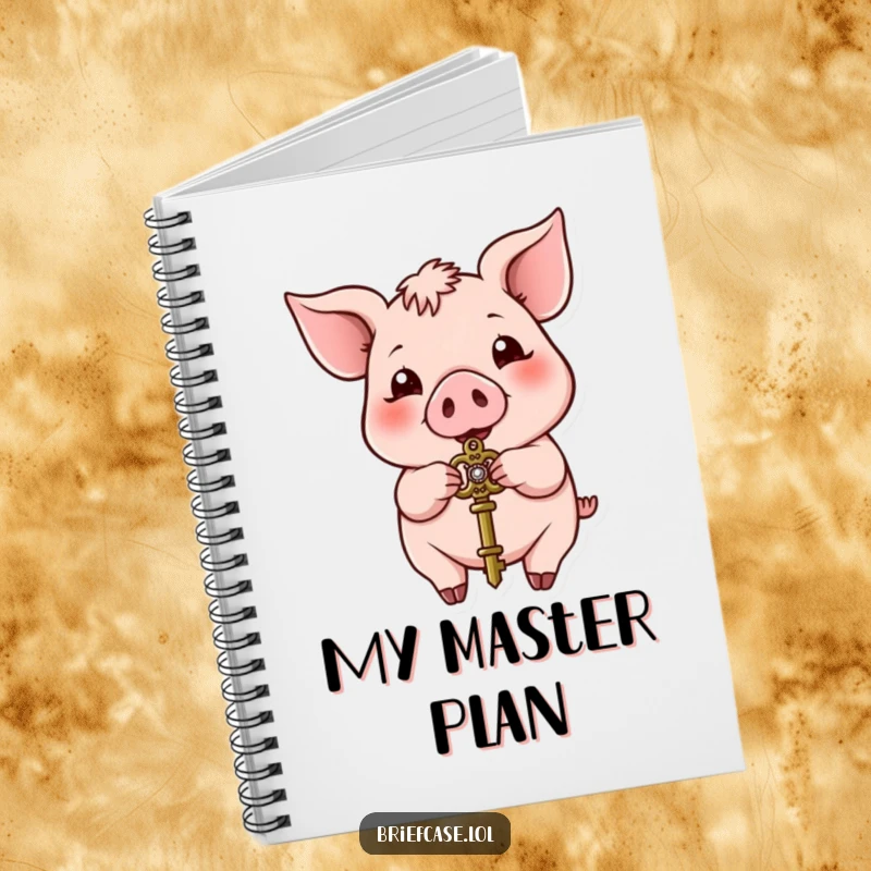 Funny pig notebook, happy animal presenting a small ornate key, ideal for note-taking and funny gifts.