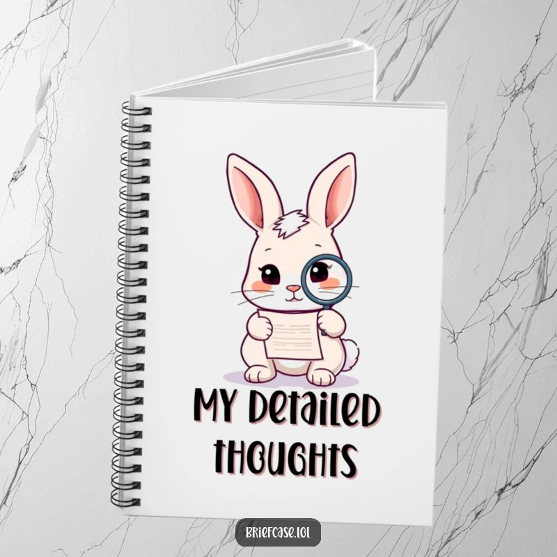 Funny rabbit notebook, curious animal holding a magnifying glass over a small document, ideal for note-taking and funny gifts.
