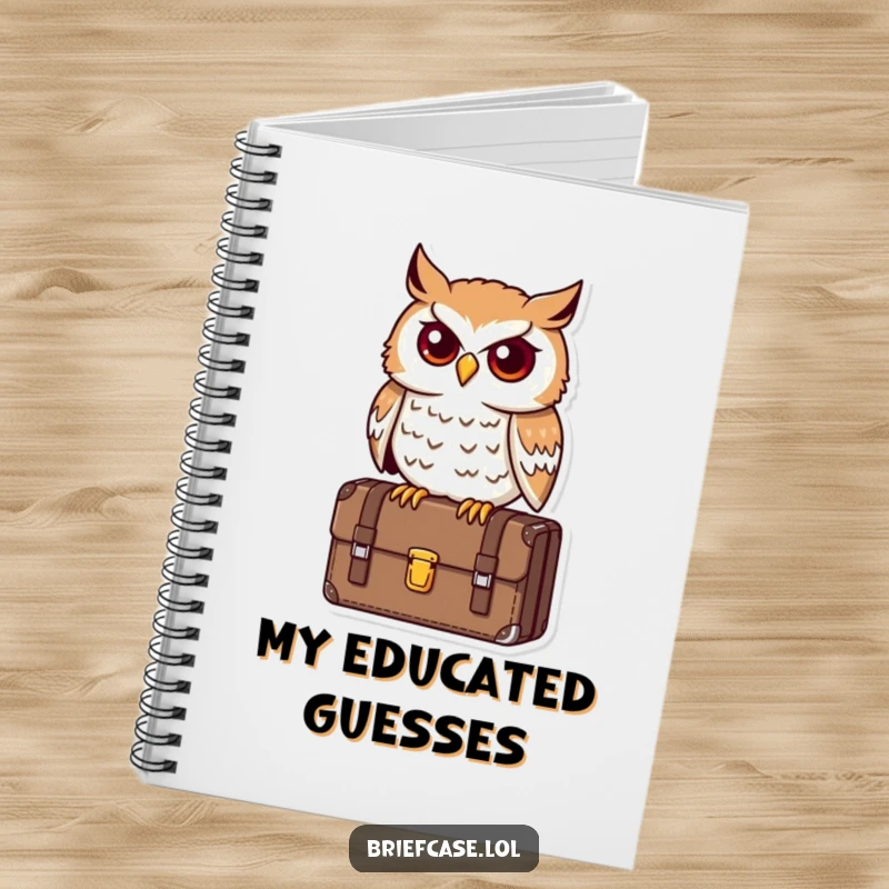 Funny owl notebook, determined bird perched on a briefcase, looking astute, ideal for note-taking and funny gifts.