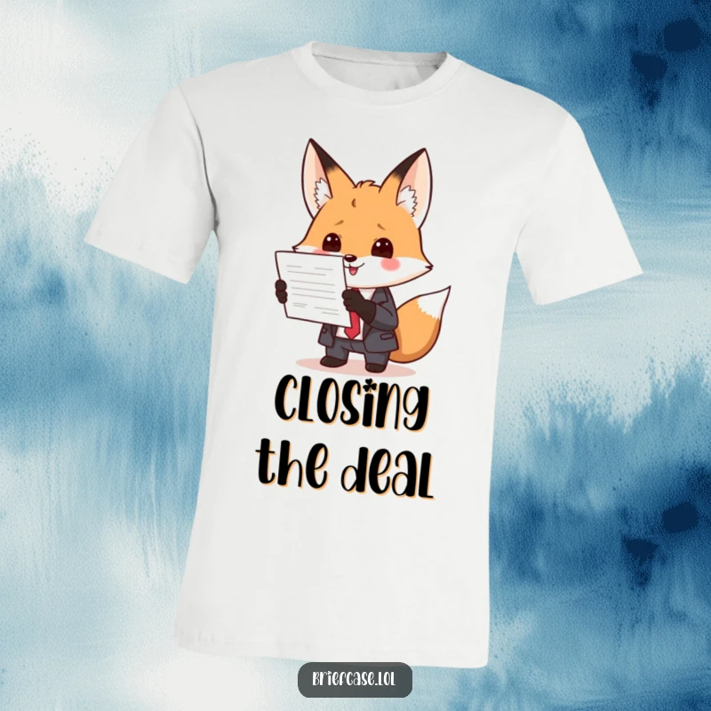 Funny T-shirt showing a clever fox in a suit, enthusiastically presenting a document, embodying business ambition with a humorous twist.
