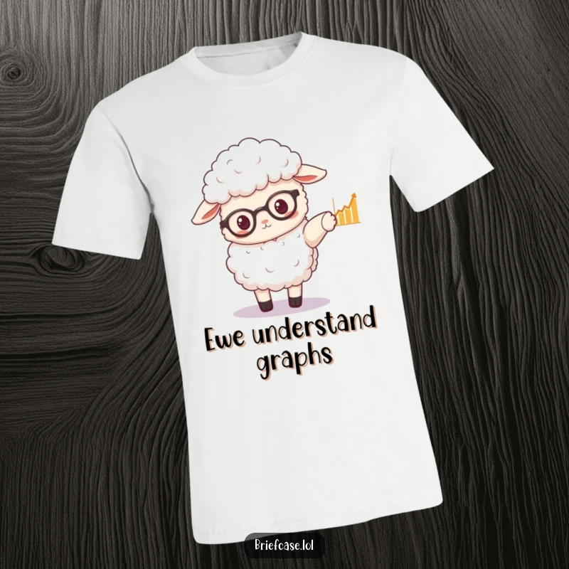 Funny t-shirt with a fluffy sheep wearing spectacles, pointing to a graph, exuding intelligence and wit.
