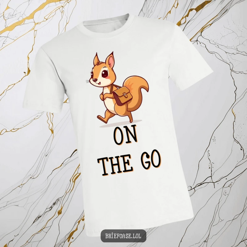 Funny t-shirt with a curious squirrel character and a small messenger bag skipping joyfully, symbolizing exploration and adventure.