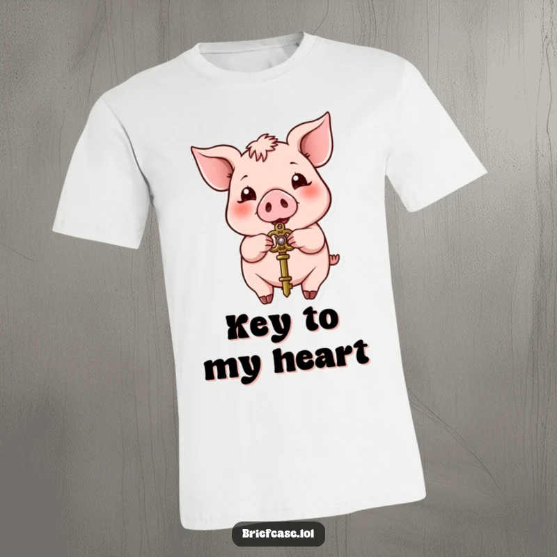 Funny pig t-shirt, happy animal presenting a small ornate key, symbol of opportunity and humor, great funny gift.