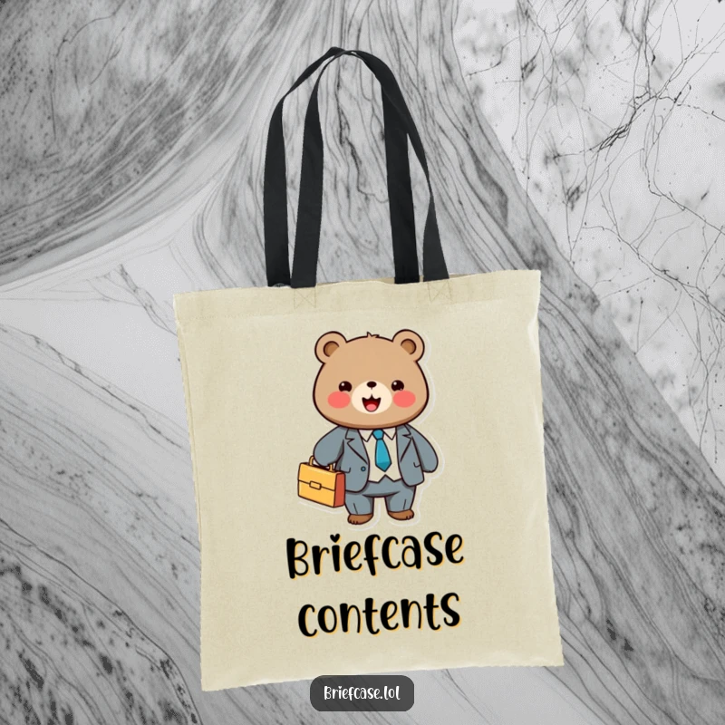 Funny tote bag with a cute, round bear in a suit, happily holding a briefcase, ready for the day.