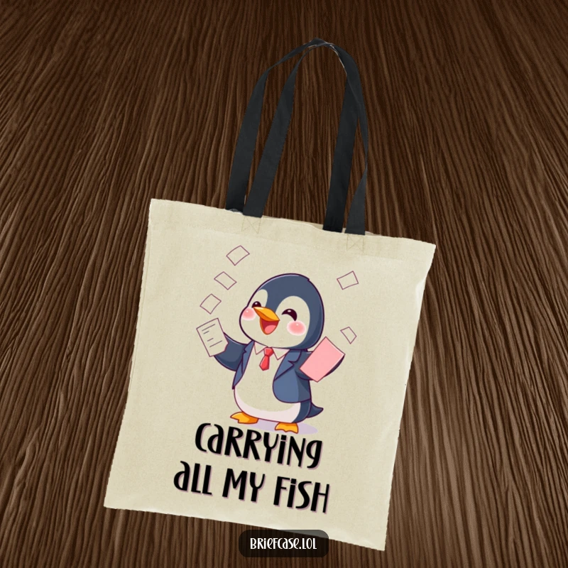 Funny tote bag showing a cheerful penguin in a suit playfully balancing papers, perfect for stylish and humorous everyday carrying.