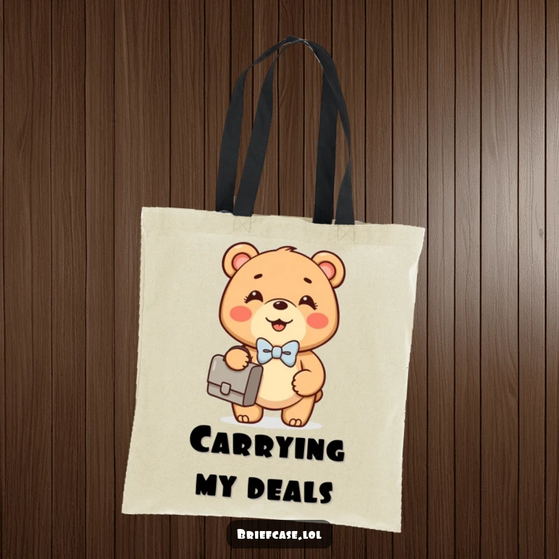 Funny Bear cub tote bag with a happy, round bear cub in a bowtie confidently holding a briefcase, great for commutes.