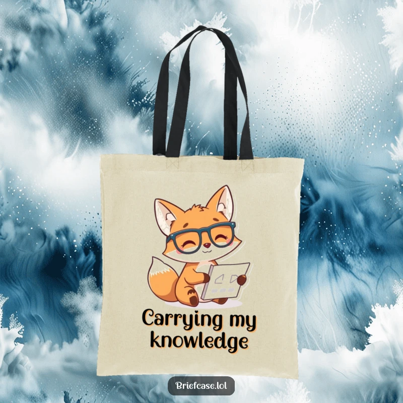 Funny tote bag showcasing a cheerful fox with glasses studying a chart, symbolizing intelligence and a love for books.
