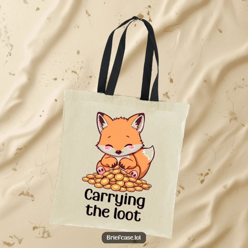 Funny fox tote bag, playful animal counting small coins with paws, perfect for shopping and carrying funny gifts.