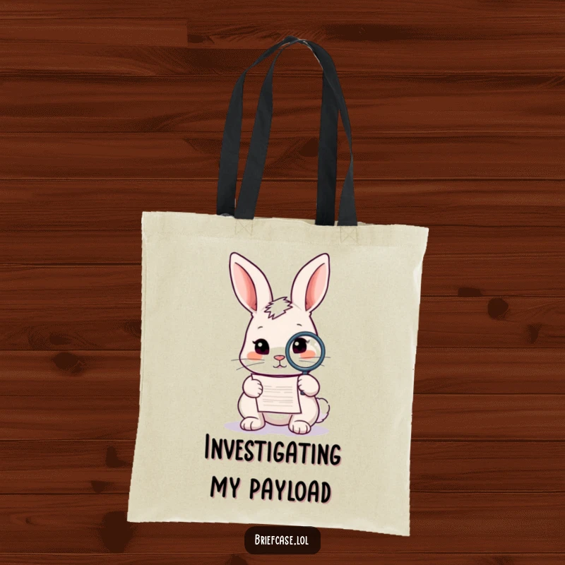 Funny rabbit tote bag, curious animal with magnifying glass examining a document, perfect for carrying essentials and funny gifts.