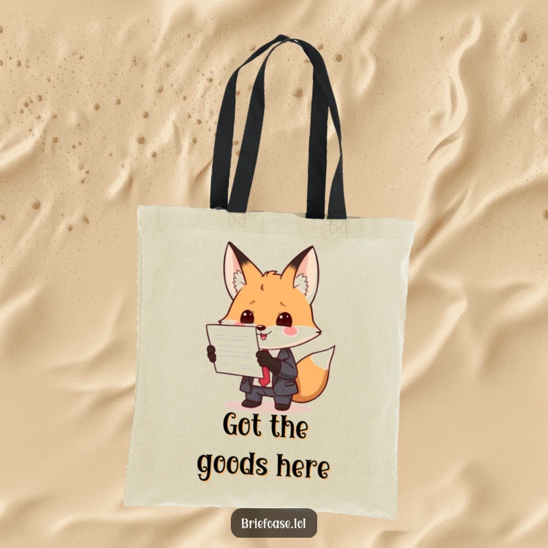 Funny tote bag showcasing a clever fox in a suit, enthusiastically presenting a document, ideal for carrying essentials with a touch of humor.