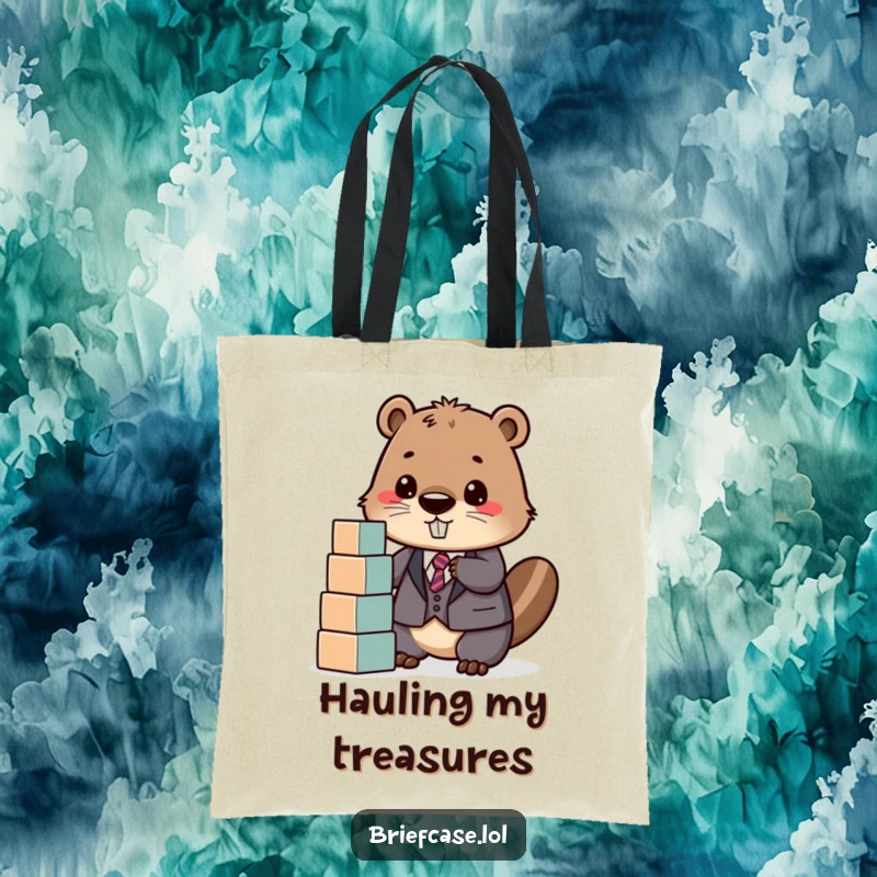 Funny tote bag showing a determined beaver in a suit, happily stacking building blocks, ideal for carrying essentials with humor.